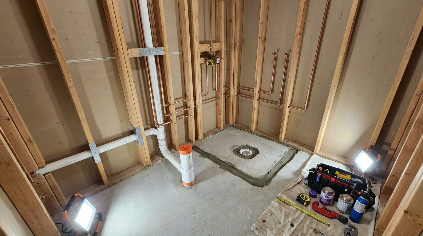 Bathroom rough-in plumbing during remodel by Johns Plumbing LLC in Ware Shoals